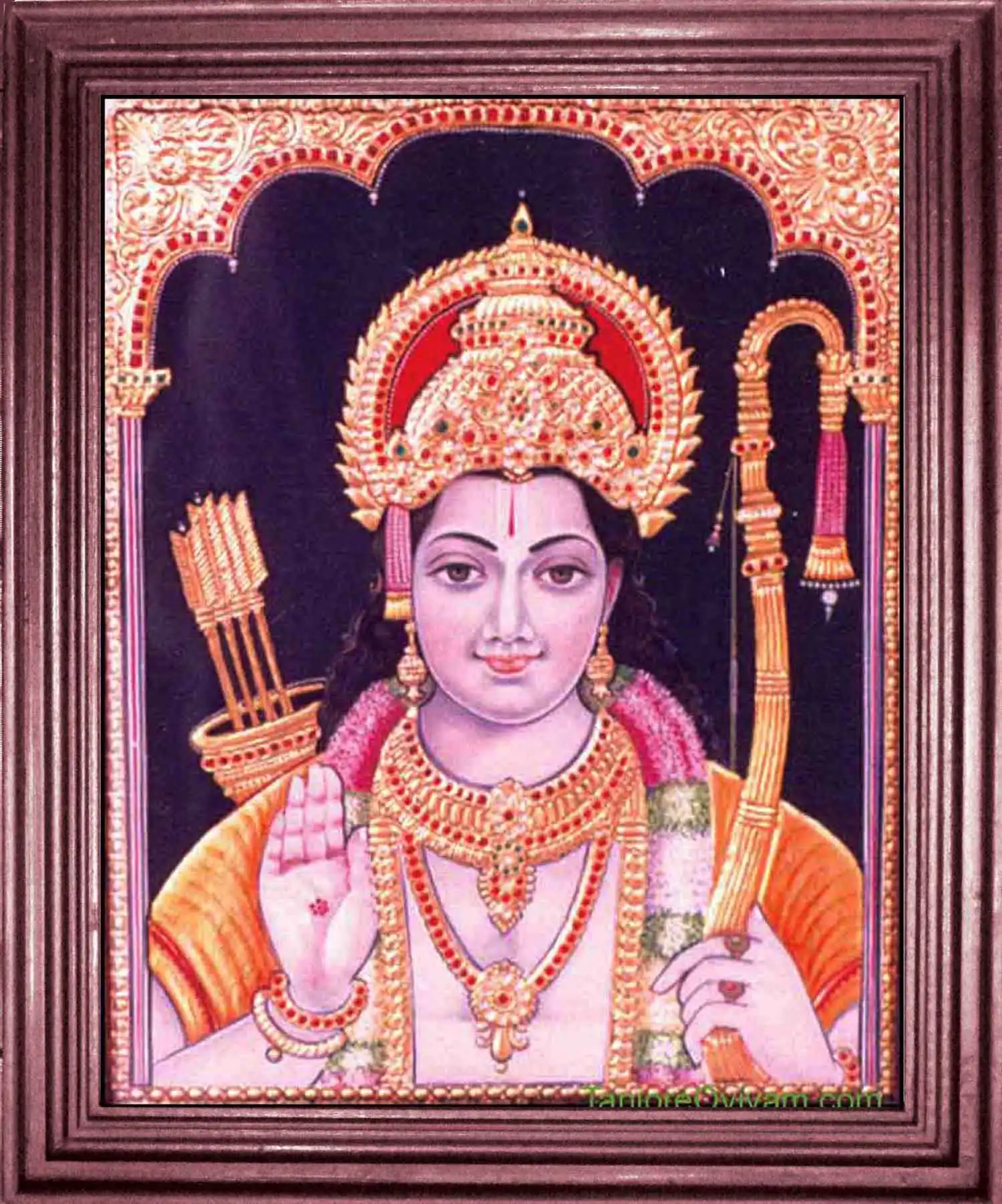 Handcrafted Ramar Tanjore Painting with classic gold finish, depicting Lord Rama in a serene blessing pose with bow and quiver